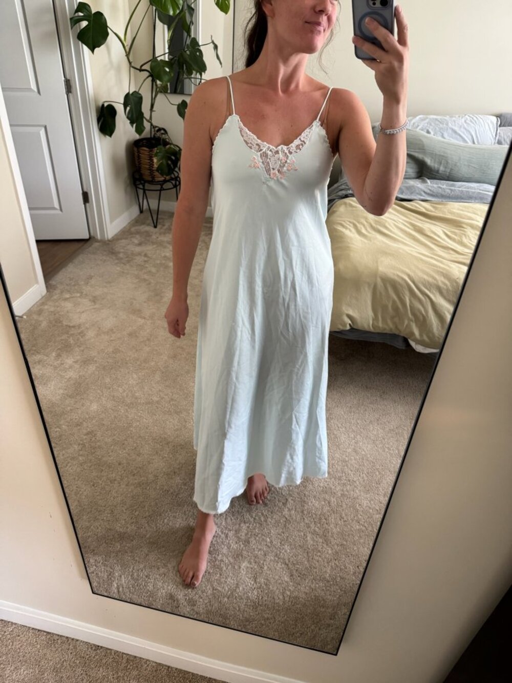 Vintage Sara Beth Pale Blue Satin Long Nightgown with Floral Details